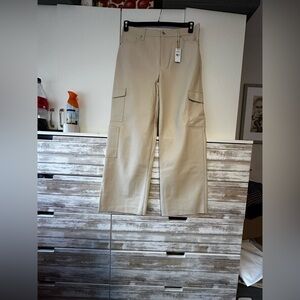 NWT. EXPRESS cream High Waisted Faux Leather Wide Leg Cargo pants in size 14
